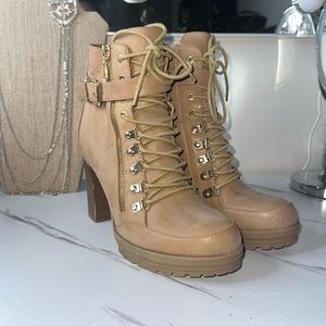 Guess Tan Lace-Up Heeled Boots